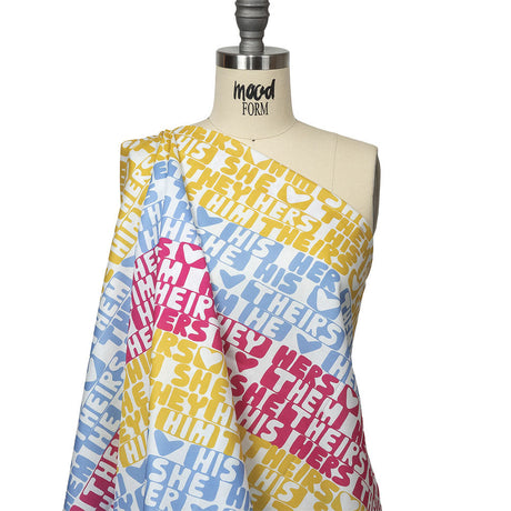 Mercerized Organic Egyptian Cotton Voile - Pink, Yellow and Blue Pronoun Stripes - More Than Words Print - Mood Exclusive Pride Collection
