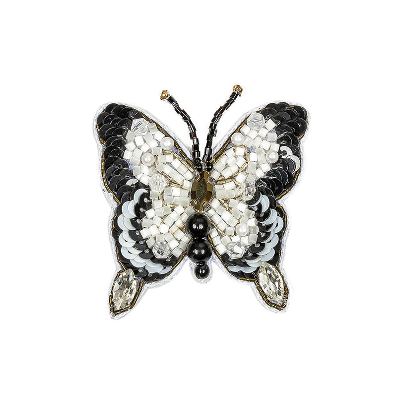 Black and White Butterfly Rhinestone and Glass Beaded Applique - 2.25" X 2"