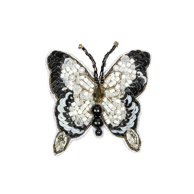 Black and White Butterfly Rhinestone and Glass Beaded Applique - 2.25" X 2"