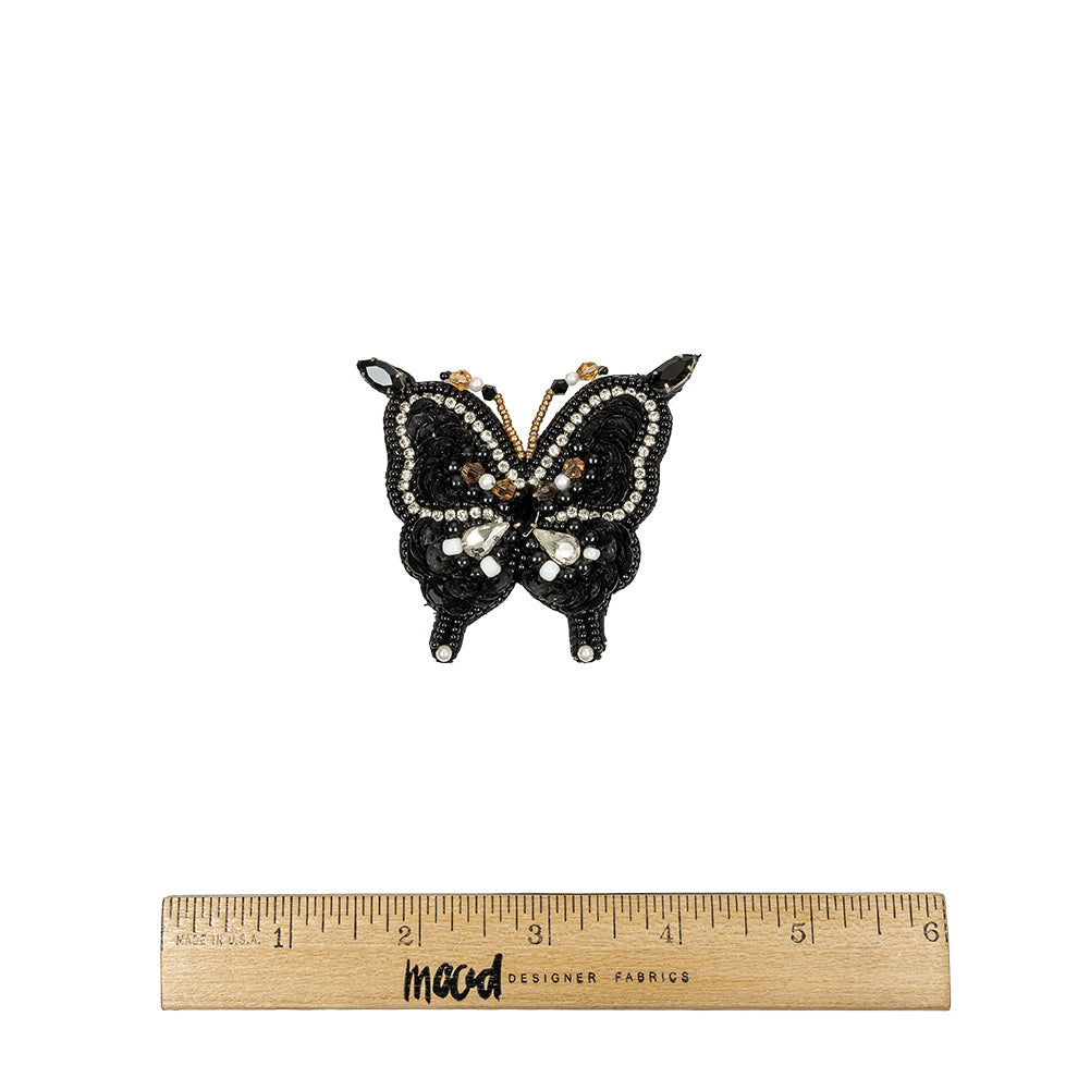 Black and Gold Butterfly Rhinestone and Glass Beaded Applique - 2.5" X 2.625"