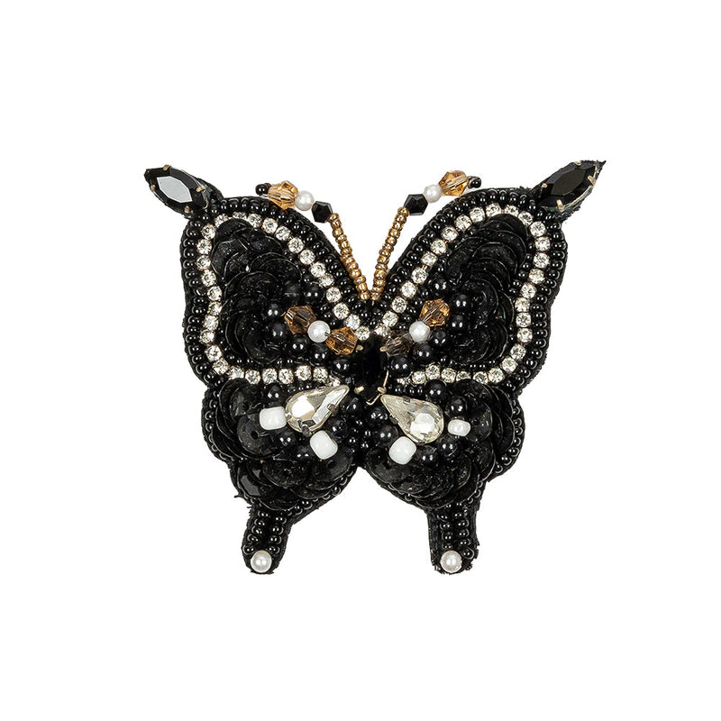 Black and Gold Butterfly Rhinestone and Glass Beaded Applique - 2.5" X 2.625"
