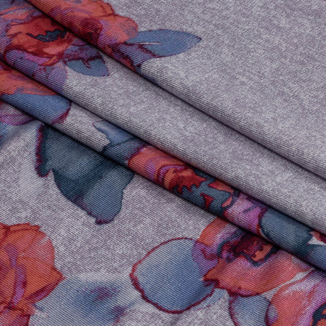 Heathered Purple, Indigo and Pink Floral Borders Stretch Rayon Jersey