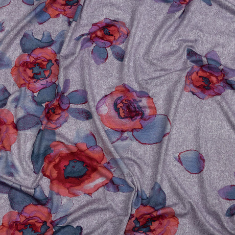 Heathered Purple, Indigo and Pink Floral Borders Stretch Rayon Jersey