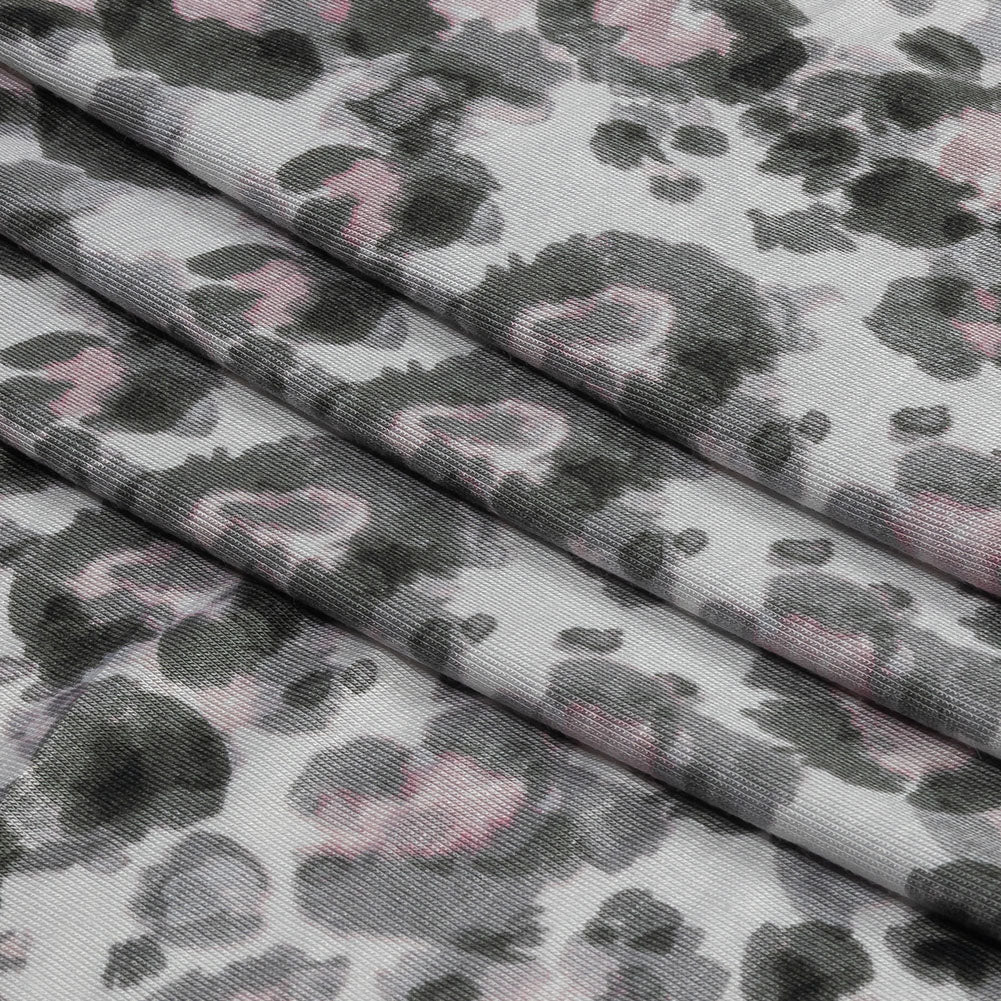 White, Gray and Pink Abstracted Floral Stretch Rayon Jersey