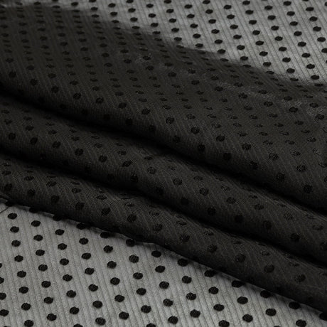 Famous Australian Designer Black Onyx Embroidered Dots and Diagonal Stripes Polyester and Viscose Chiffon