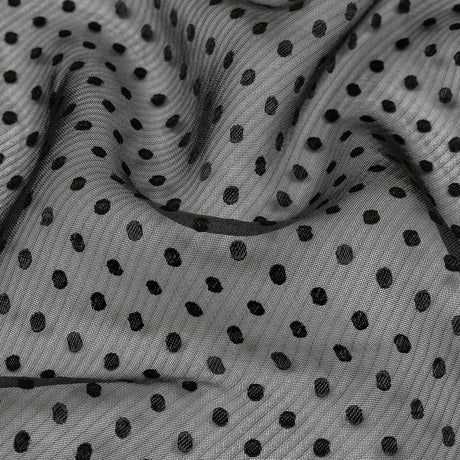 Famous Australian Designer Black Onyx Embroidered Dots and Diagonal Stripes Polyester and Viscose Chiffon