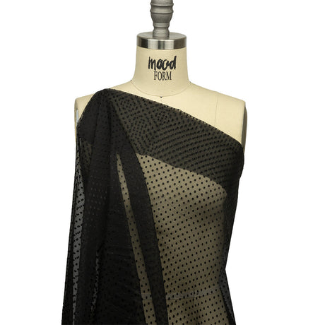 Famous Australian Designer Black Onyx Embroidered Dots and Diagonal Stripes Polyester and Viscose Chiffon