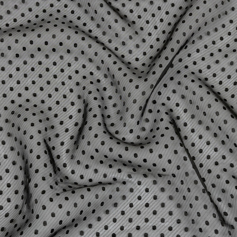 Famous Australian Designer Black Onyx Embroidered Dots and Diagonal Stripes Polyester and Viscose Chiffon