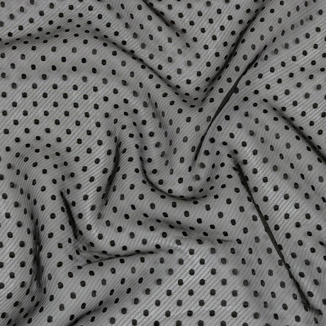 Famous Australian Designer Black Onyx Embroidered Dots and Diagonal Stripes Polyester and Viscose Chiffon