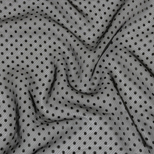 Famous Australian Designer Black Onyx Embroidered Dots and Diagonal Stripes Polyester and Viscose Chiffon