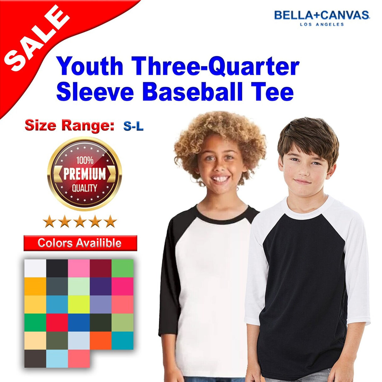 BELLA + CANVAS® Youth Three Quarter Sleeve Baseball Tee - 3200Y