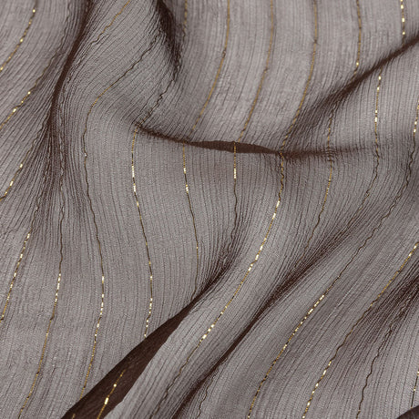 Famous Australian Designer Brown and Gold Metallic Pinstripes Crinkled Silk Chiffon