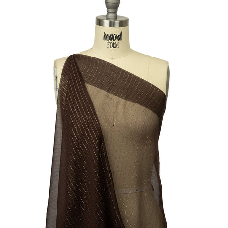 Famous Australian Designer Brown and Gold Metallic Pinstripes Crinkled Silk Chiffon