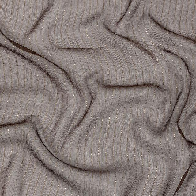 Famous Australian Designer Brown and Gold Metallic Pinstripes Crinkled Silk Chiffon
