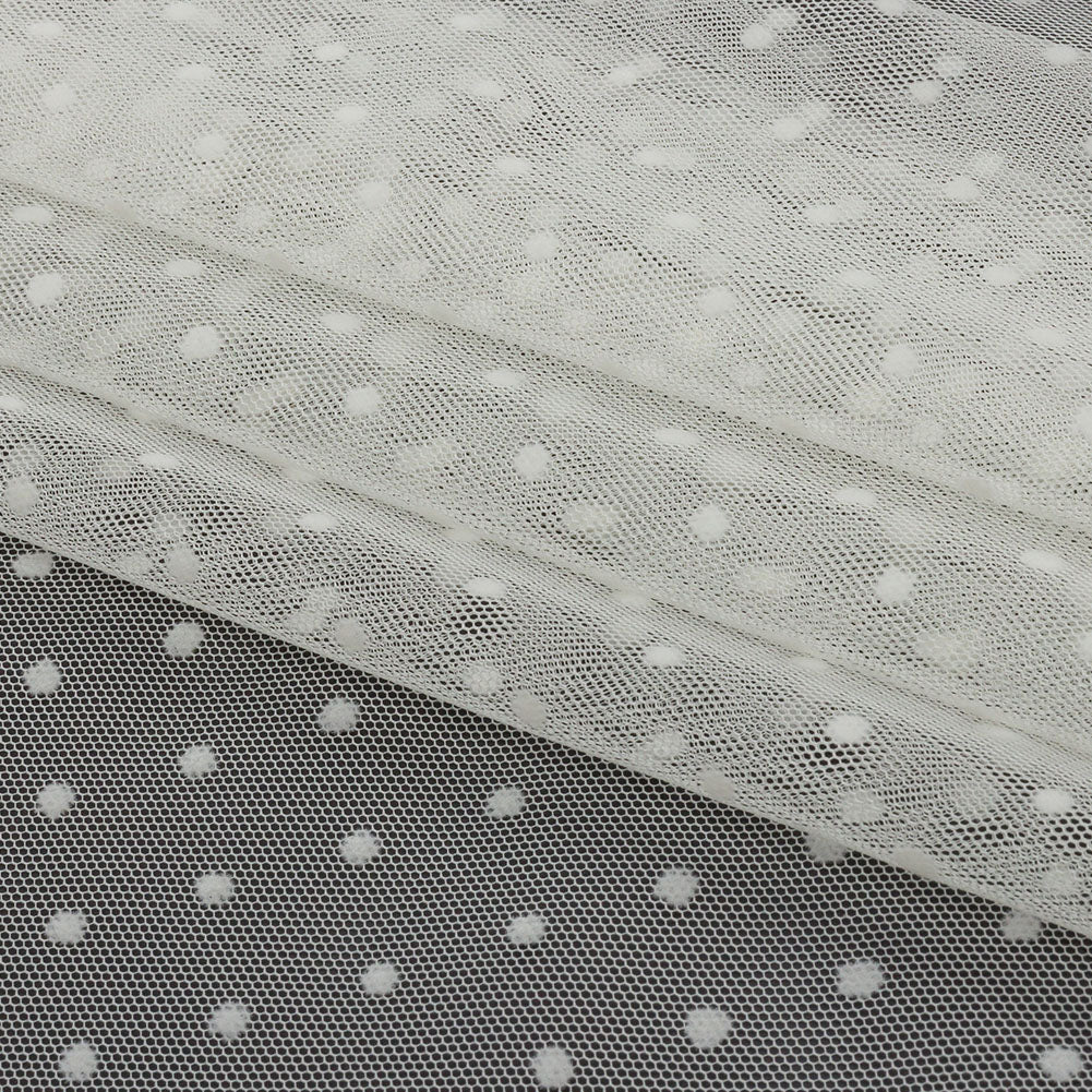 Famous Australian Designer Ivory Flocked Dots Polyester Mesh