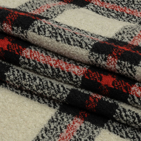 Famous Designer Cream, Black and Red Plaid Blended Wool Boucle Coating