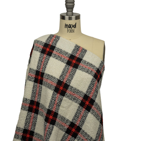 Famous Designer Cream, Black and Red Plaid Blended Wool Boucle Coating