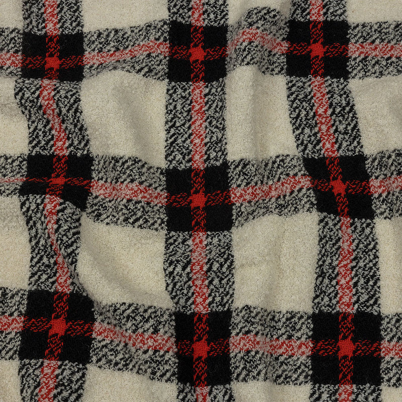 Famous Designer Cream, Black and Red Plaid Blended Wool Boucle Coating
