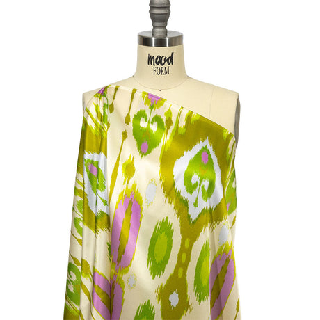 Italian Kiwi, Orchid and Beige Ikat Diamonds Silk Charmeuse