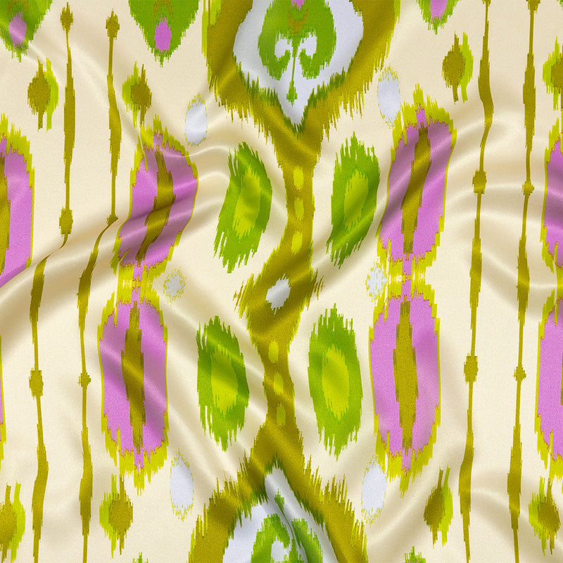 Italian Kiwi, Orchid and Beige Ikat Diamonds Silk Charmeuse