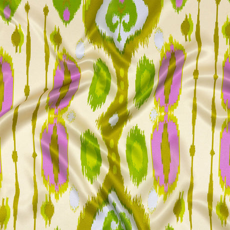 Italian Kiwi, Orchid and Beige Ikat Diamonds Silk Charmeuse
