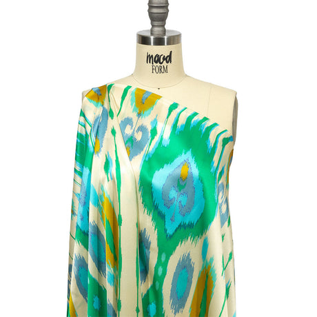Italian Turquoise, Kelly Green and Mustard Ikat Diamonds Silk Charmeuse