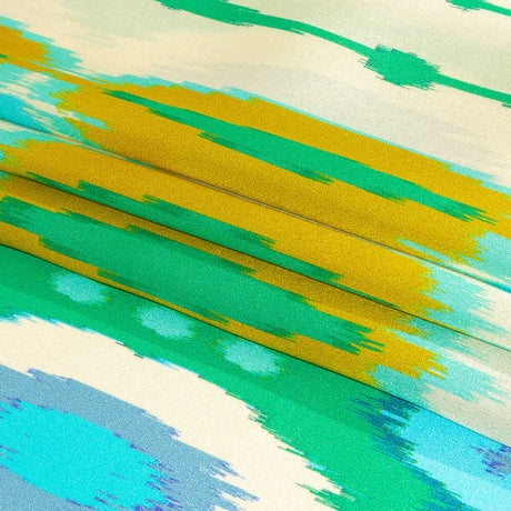 Italian Turquoise, Kelly Green and Mustard Ikat Diamonds Silk Charmeuse