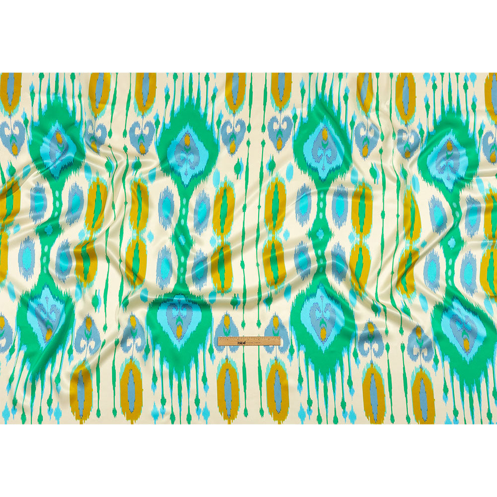 Italian Turquoise, Kelly Green and Mustard Ikat Diamonds Silk Charmeuse