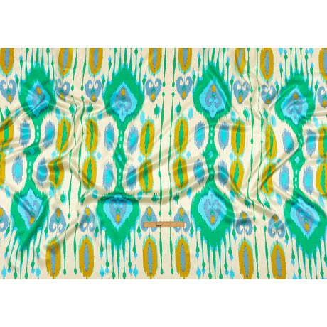 Italian Turquoise, Kelly Green and Mustard Ikat Diamonds Silk Charmeuse