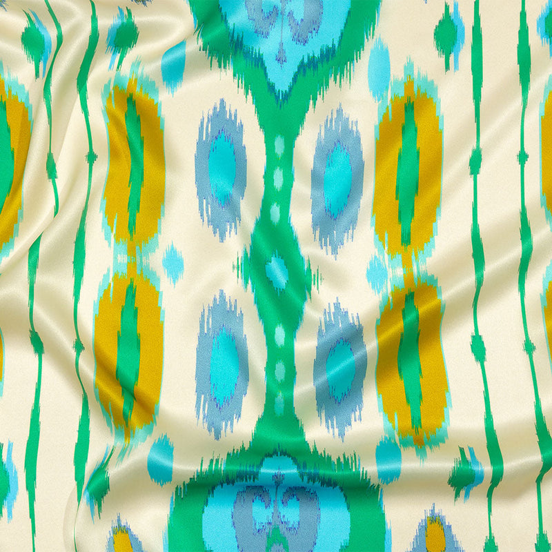 Italian Turquoise, Kelly Green and Mustard Ikat Diamonds Silk Charmeuse