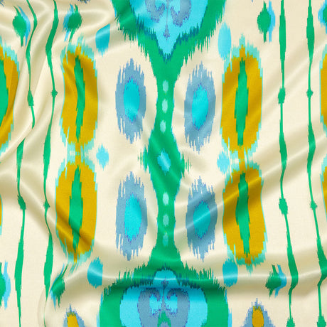 Italian Turquoise, Kelly Green and Mustard Ikat Diamonds Silk Charmeuse