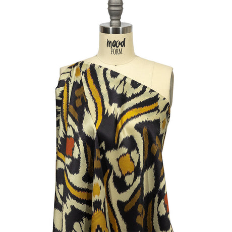 Italian Black, Mustard and Brown Ikat Spots Silk Charmeuse