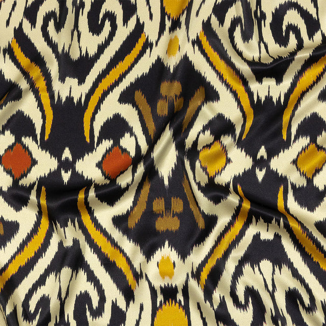 Italian Black, Mustard and Brown Ikat Spots Silk Charmeuse