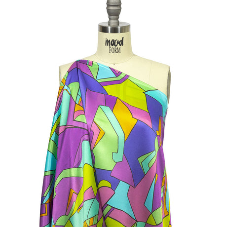 Italian Blue, Purple, and Green Geometric Abstraction Silk Charmeuse