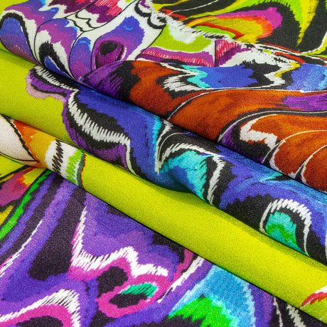Italian Lime, Blue and Purple Butterfly Wings SIlk Charmeuse