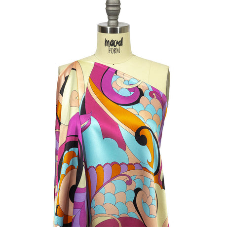 Italian Orange, Peach and Sky Scales and Swirls Silk Charmeuse