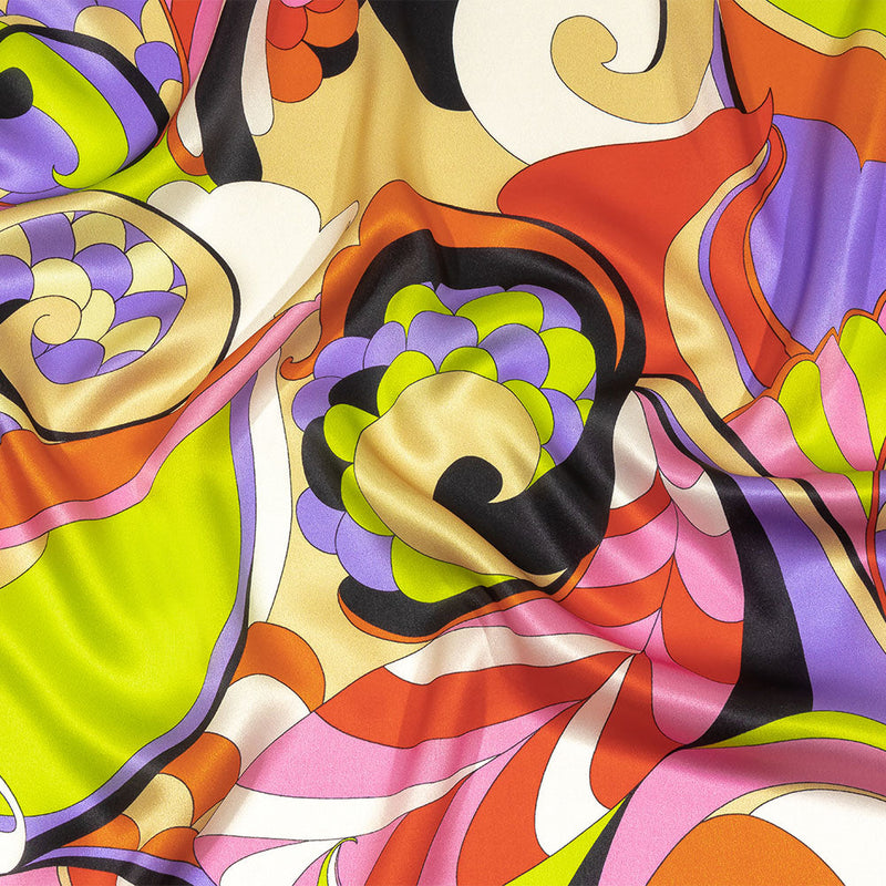 Italian Purple, Orange and Lime Scales and Swirls Silk Charmeuse