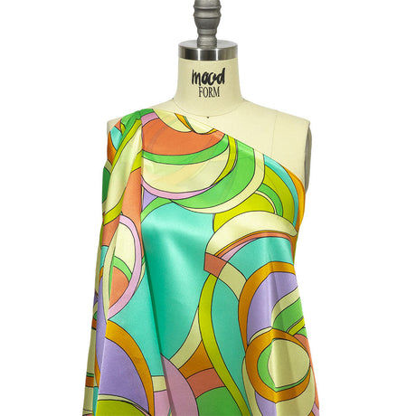 Italian Beige, Turquoise and Coral Abstract Flow Silk Charmeuse