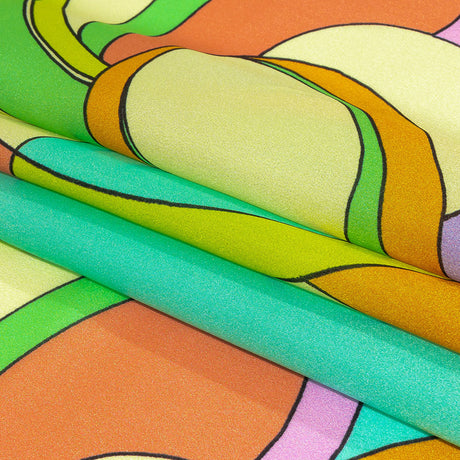 Italian Beige, Turquoise and Coral Abstract Flow Silk Charmeuse