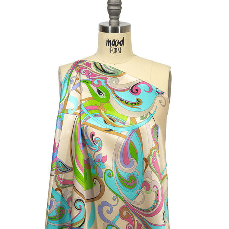 Italian White Smoke, Sky and Pink Swirling Paisley Silk Charmeuse