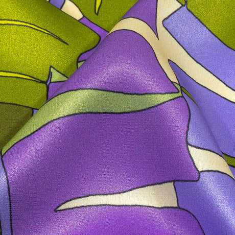 Italian Deep Lavender, Olive and Lime Jungle Leaves Silk Charmeuse
