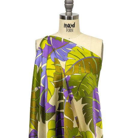 Italian Deep Lavender, Olive and Lime Jungle Leaves Silk Charmeuse