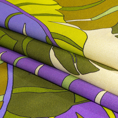 Italian Deep Lavender, Olive and Lime Jungle Leaves Silk Charmeuse