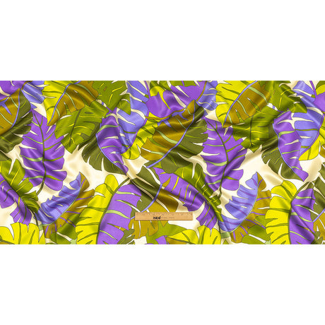 Italian Deep Lavender, Olive and Lime Jungle Leaves Silk Charmeuse