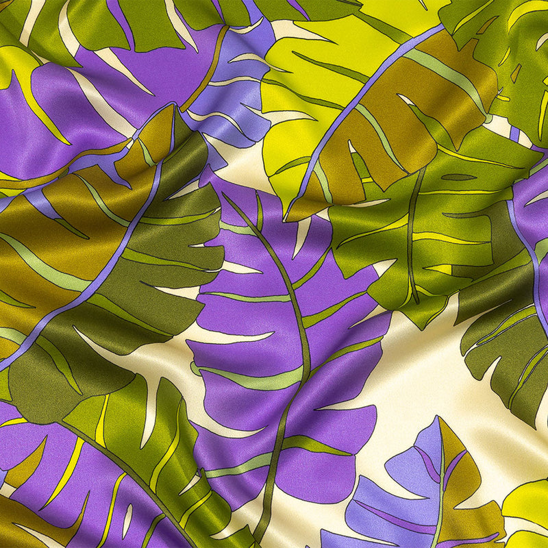 Italian Deep Lavender, Olive and Lime Jungle Leaves Silk Charmeuse