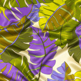 Italian Deep Lavender, Olive and Lime Jungle Leaves Silk Charmeuse