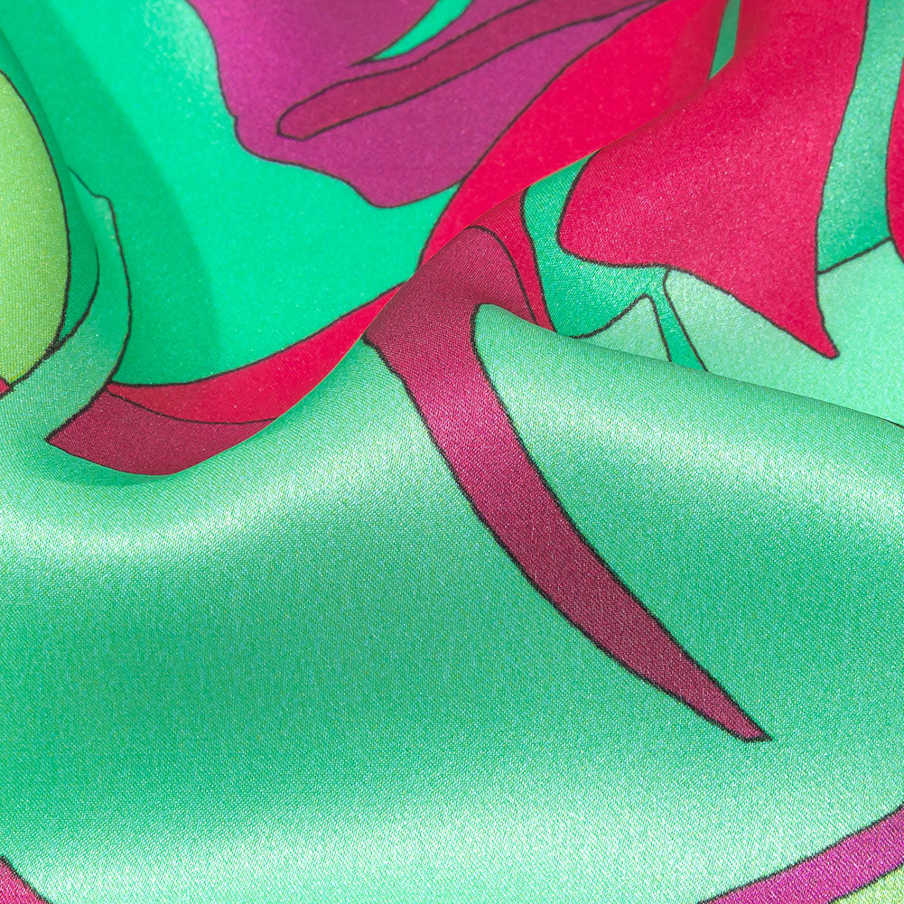 Italian Fuchsia, Hot Pink and Mint Jungle Leaves Silk Charmeuse