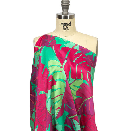 Italian Fuchsia, Hot Pink and Mint Jungle Leaves Silk Charmeuse
