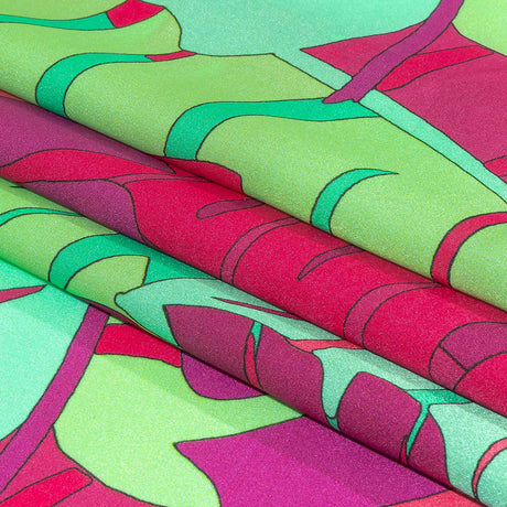 Italian Fuchsia, Hot Pink and Mint Jungle Leaves Silk Charmeuse