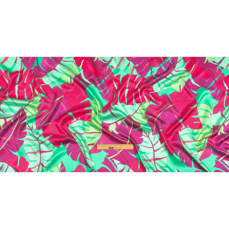 Italian Fuchsia, Hot Pink and Mint Jungle Leaves Silk Charmeuse